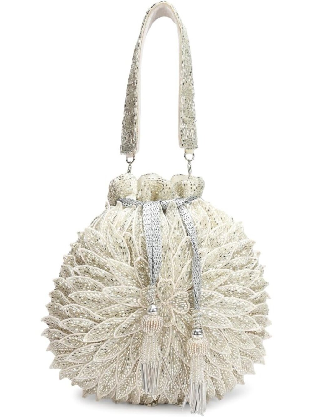 Floral Embroidered Beaded Potli Bag, Tassel Drawstring Clutch Wristlet, 9.5x9.5